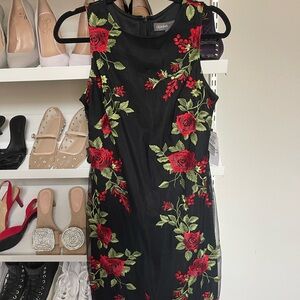 Adonna Black Midi Dress with Red Floral Pattern